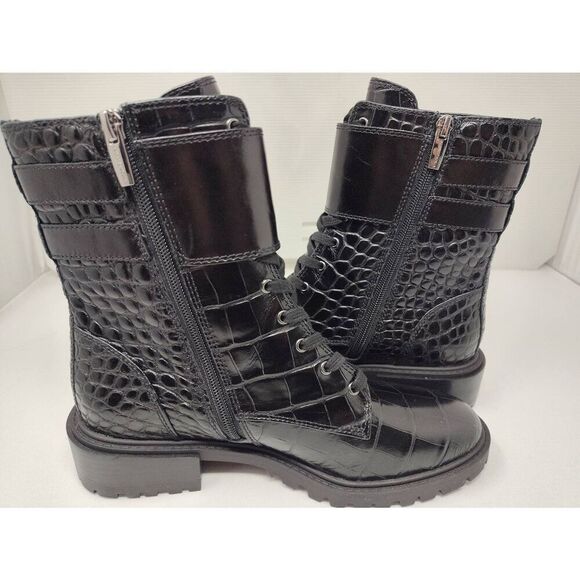 VINCE CAMUTO WOMENS FAWDRY DOUBLE BUCKLE C BLACK GLAZED CROC MOTO BOOTS NIB 6M - Picture 4 of 13